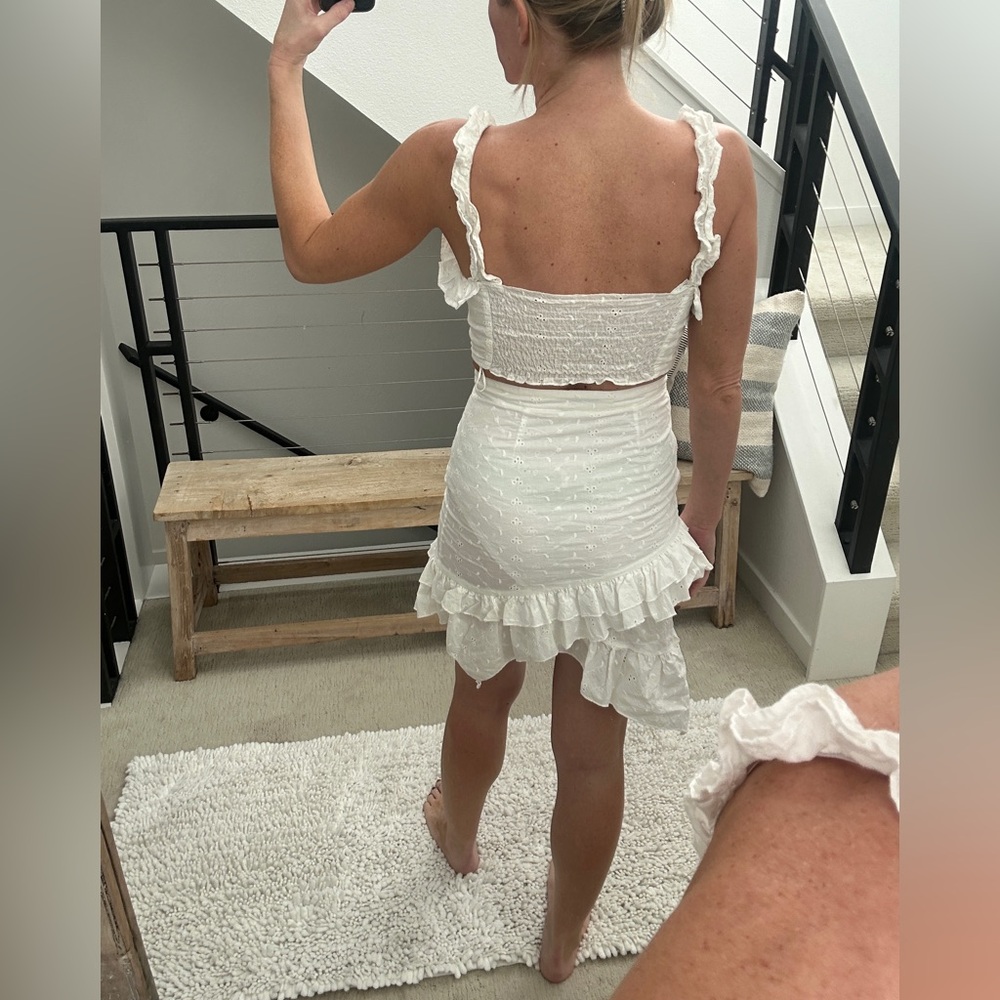 Lioness REVOLVE White Eyelet Ruffle Crop Top & Asymmetrical Skirt Set | Size S - Picture 7 of 14